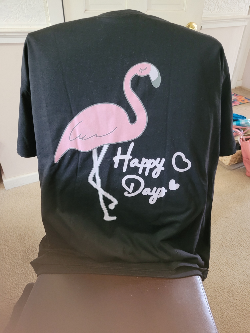 Black Short Sleeve Tee with Pink Flamingo "Happy Days"